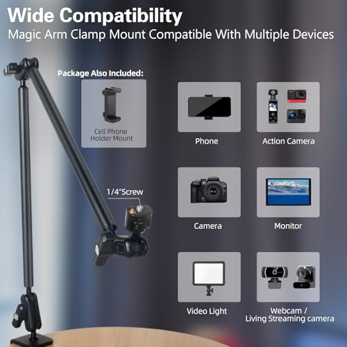 JEBUTU Desktop Clamp Magic Arm 33.84" Kit for Phone,DSRL Two-Stage Adjustable Flexible Arm, Overhead Camera Mount, Desk Phone Mount for Webcam, Action Camera, Mic,Video Light by JEBUTU - Image 5