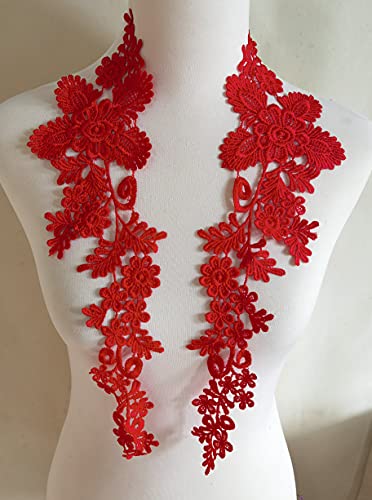 1 Pair Embroidery Applique Wedding Lace Floral Motif Sewing Trims Decoration (Red)