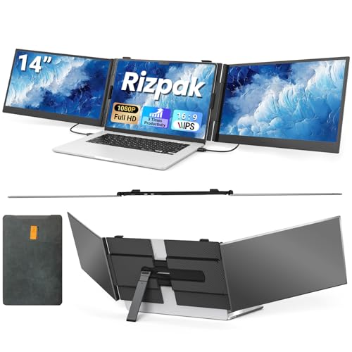 Rizpak 14" Triple Laptop Screen Extender, FHD 1080P IPS Ultra-Thin Portable Monitor, 2.2lbs Plug & Play USB-C/HDMI Travel Monitor for 13&rdquo;-17&rdquo; Laptops, Compatible with Windows, Mac, Android, Chrome