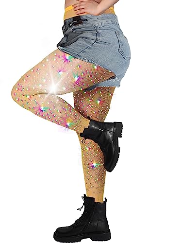 Image of DancMolly 10X Strong Ultra Sparkly Rhinestone Fishnet Stockings, Plus Size Sparkle Tights for Women Sexy Party Concert Outfit