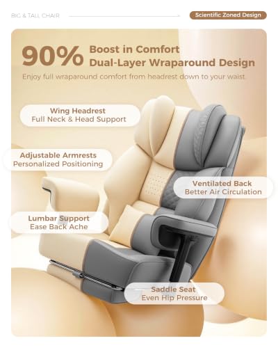 Image of Big and Tall Office Chair, Computer Desk Chair with FootRest, Grey | High Back Leather Gaming Chair with Lumbar Support, Heavy Duty Ergonomic Executive Office Chair for Home Office Gaming