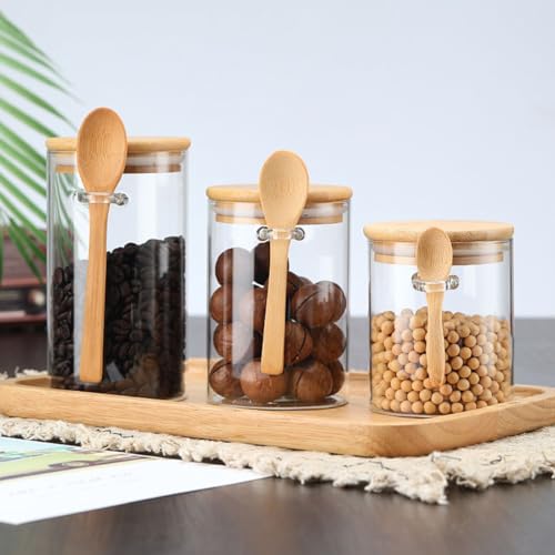 Kit 3 Potes de Vidro Borossilicato 450ml, 550ml e 650ml com Tampa e Colher de Bambu Hermético Redondo