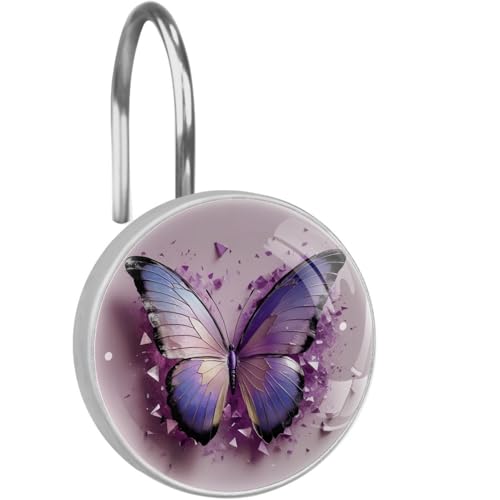 12 PCS Purple Butterfly Shower Curtain Hooks, Rustproof Crystal Glass