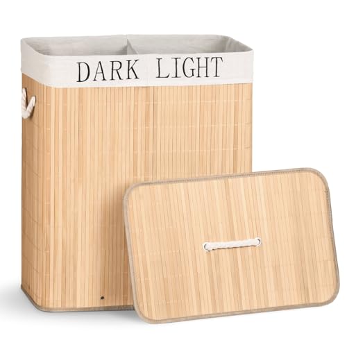 VOUNOT® Cesto Portabiancheria Rettangolare in Bambù 100L, Cesto Pieghevole per Panni Sporchi con Coperchio, Manici e 2 Borse Rimovibili a 2 Scomparti, per Bagno, Lavanderia e Camera da Letto, Naturale