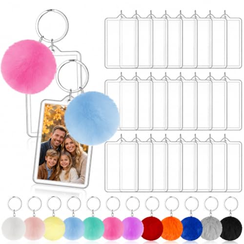 Image of 24 Pack Acrylic Photo Keychains with Colorful Pom Poms, 2 x 3 Inch | Double Sided Acrylic Photo Keychains, Easy DIY for Back to School Students Gifts, Classroom Rewards,, Graduation Keepsakes