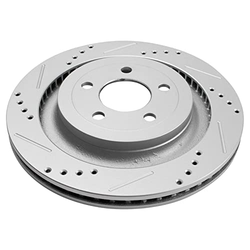 Image of TRQ Performance Rear Brake Pad and Rotor Set Ceramic Drilled Slotted G Coated Rotors Compatible with 2015-2018 Ford Mustang