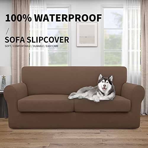 Image of Easy-Going Waterproof 3-Piece Oversized Loveseat Couch Covers for Sofa | 3-Piece Set Spandex Sofa Cover Slipcover Elastic Bottom Dog Pet Friendly Brown
