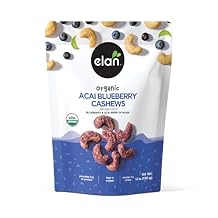 Elan Organic Acai Blueberry Cashews, 5.3 oz, Non-GMO, Vegan, Gluten-Free, Kosher, Glazed Nuts Roasted Cashews, Acai Berry Powder, Blueberry Juice Powder, Superfood Infused Nuts