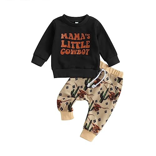 Image of Omkzanbi Western Baby Girl Boy Mama's Little Cowgirl/Cowboy Sweatshirt Retro Highland Cow Jogger Pants Toddler Fall Outfit