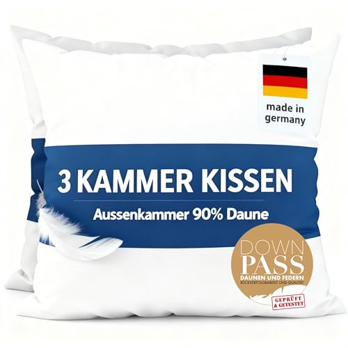 Brönning 2er Set Kopfkissen 80x80 mit 90% Daunen Made in Germany | 3-Kammer Daunenkissen | Kuschelweich & Allergiker geeignet | Ergonomisches Kissen | Federkissen 80 x 80 cm