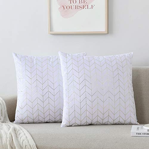 NordECO HOME 2 Packs Decorative Throw Pillow Covers Cases - Square Soft Velvet Cushion Covers for Sofa Couch Bed Home Decoration, 18 x 18 (White/Arrow Gold, 2 Pieces, 18