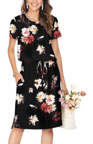 Image of Simier Fariry Womens Summer Hide Belly Knee Length Travel Dress Pocket Short Sleeve Midi Work Casual Outfits