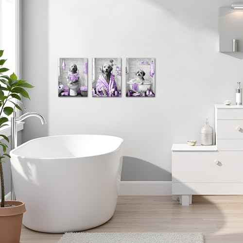 Image of sechars Funny Dogs Bathroom Wall Art Grey and Purple Bath Decor Cute Animal Painting Canvas Print (Purple)