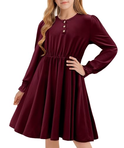Yoklass Girls Casual Dress Long Sleeve Smocked Cuff Button Loose Fit Dresses 4-13 Years2