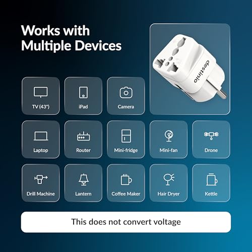 Image of Destinio Universal Europe Travel Adapter Type E /F Schuko Plug Converter 13A 250V, International EU Power Socket for Germany France Spain, Portable European Plug for Mobile Laptop Charger (Pack of 1)