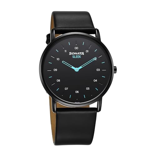 Sonata Sleek Quartz Analog Black Dial Black Leather Strap Watch f...