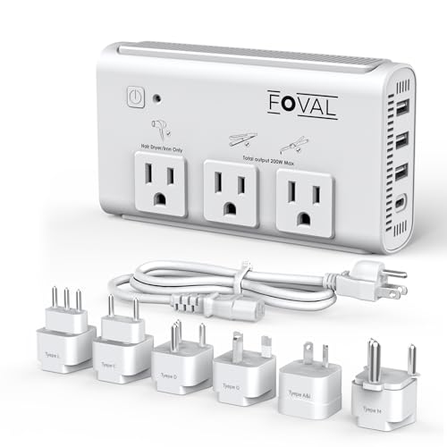 220V to 110V Travel Voltage Converter FOVAL 2000W Power Converter for Hair Dryer Straightener/Curling Iron with 4-Port USB (1 USB C) Step Down Transformer for US/EU/UK/AU/SA/Italy/India