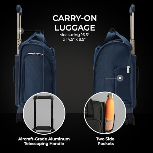 Image of Briggs & Riley Cabin Spinner - Carry On Luggage for Travel, Suitcases with Wheels, Softside Rolling Bag for Men & Women, Fits Under Plane Seat, Interlocking Handle - Baseline Collection, Navy