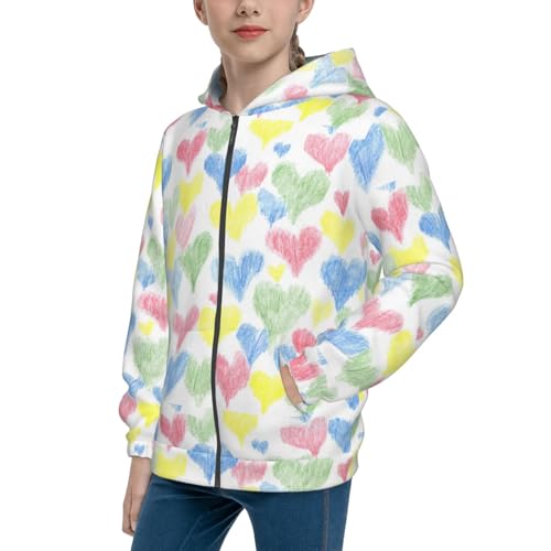 Hand Drawn Colored Hearts Kids Pullover Hoodies Boys Zip Up Sweatshirts Girls Athletic Clothes with Pocket