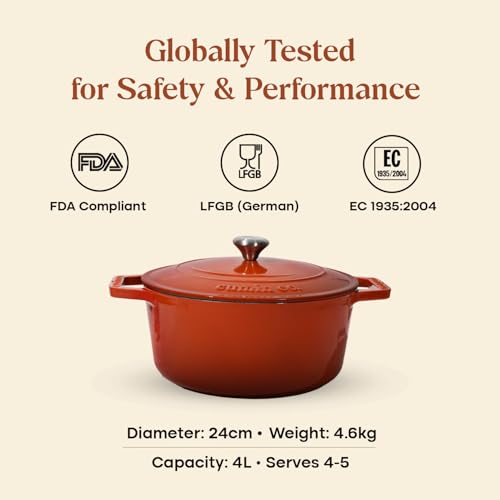 Image of CUMIN CO. Cast Iron Dutch Oven 4L, 24 cm | Induction Base Cookware | 10 Years Warranty | Non Toxic Non Stick Biryani Pot with Lid | Heavy Bottom | Chemical Free Coating | Free Accessories | Color: Rust