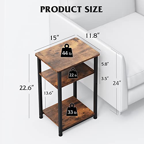 Wlive Side Tables Set Of 2, Small End Table, Adjustable 3-Tier Bedside Table With Sturdy Metal Frame, Tall Nightstand For Bedroom, Living Room, Sofa Table For Small Space, Rustic Brown #TOP2