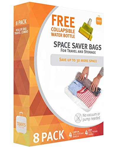 Compression Bags for Travel (No Vac or Pump Needed) Reusable Sealed Space & Storage Saver Packs for Clothes, Comforters, Packing Blankets, 8 Pack Set