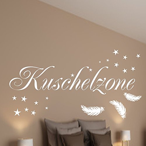 WANDTATTOO Wandschnörkel ® Kuschelzone Spruch mit Federn und 18 Sterne Größen/Farbauswahl HM~AA100