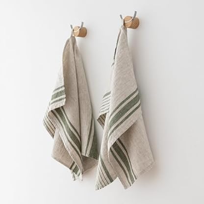 LinenMe Set mit 2 Geschirrtuch Leinen 100%, 45x66 cm Provence - Leinentuch mit Aufhänger - Geschirrtücher & Küchentücher in Natur/Waldgrün gestreift, Hergestellt in Litauen – Bild 3