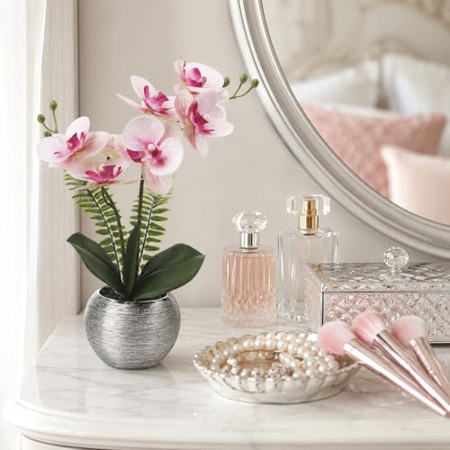 Orquídeas artificiales pequeñas rosa claro Briful con maceta cerámica plata de sobremesa 7