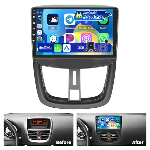 Hikity 4+64G Android 15 Radio Coche para Peugeot 207 2006-2010 con 9' Pantalla Táctil, Estéreo 2 DIN con Carplay Android Auto inalámbrico FM/RDS Radio BT GPS WiFi SWC Mirror Link+Cámara Trasera + Mic