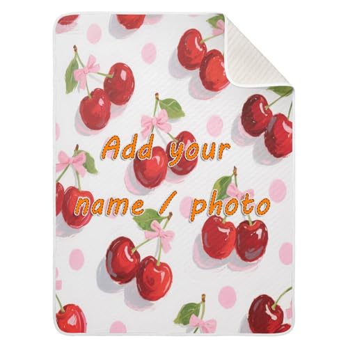 Custom Lovely Red Cherry Bow Polka Dot Throw Blankets Soft personalizada para Dog Baby Blanket with Name for Girls or Boys 30x40in cobija personalizada para