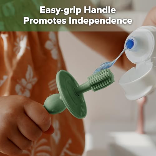 Image of haakaa 360 Baby Toothbrush with Suction Base - Jade | Gentle Cleaning for Infants, Gum Massage, BPA-Free, Food-Grade Silicone, Adjustable Safety Shield, Safe for Babies 6 Months+