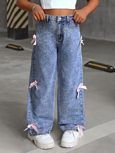 Girls Cute Bow Denim Jeans Button Waist Wide Leg Denim Pants Fall Casual Washed Jean Trouser Outerwear Clothes3