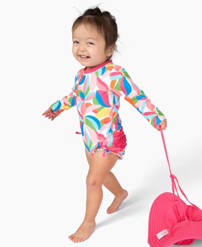Image of RuffleButts Baby Girls UPF 50+ Sun Protection Floral Printed Long Sleeve One Piece Rash Guard Swimsuit with Zipper