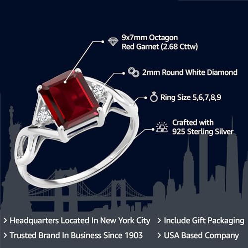 Gem Stone King 925 Sterling Silver Red Garnet and White Diamond Engagement Ring For Women (2.68 Cttw, Emerald Cut 9X7MM, Gemstone Birthstone, Available in Size 5,6,7,8,9)2