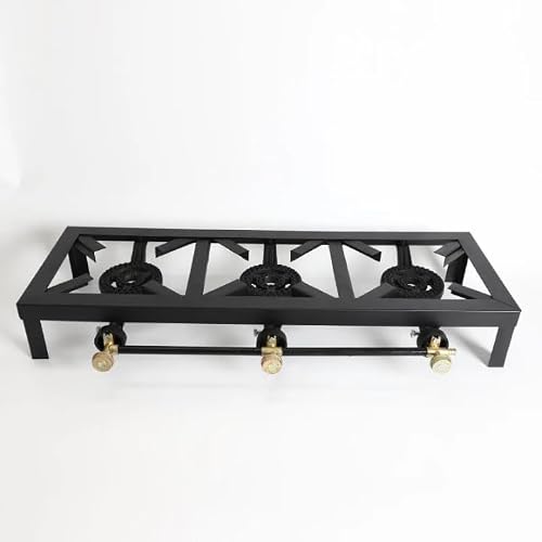 Three-Burner Portable Gas Stove, Cast Iron Burners, Steel Frame, Black, Outdoor Cooking