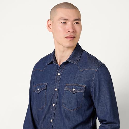 Image of Amazon Essentials Men's Slim-Fit Long-Sleeve Denim Western Style Cotton Shirt with Snap Buttons, Lightweight