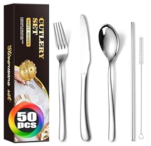 MURRI&MURRDI Besteck Set 10 Personen, Essbesteck 50 Teilig. Edelstahl Tafelbesteck für Haus Party Restaurant, Messer Gabel Löffel Saugen Bürste Set, Spülmaschinenfest