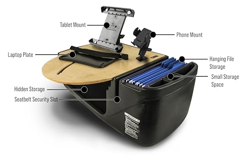 Image of AutoExec AE-RMCD-PM-TAB-11M Roadmaster Car Desk for Your Vehicle Workstation and Mobile Office, Natural with Phone Mount and Tablet Mount | Vehicle Workstation, Mobile Office, Phone Mount, Tablet Mount