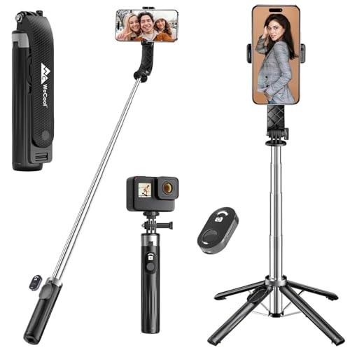 Image of WeCool S3 Selfie Stick Tripod for Mobile with 360 Rotation Offers a 4-Leg Stable Base, extends up to 102 cm, Supports Bluetooth 5.2 with 10m Range, and fits Phones, GoPro, and Cameras via 1 /4 inch Screw.