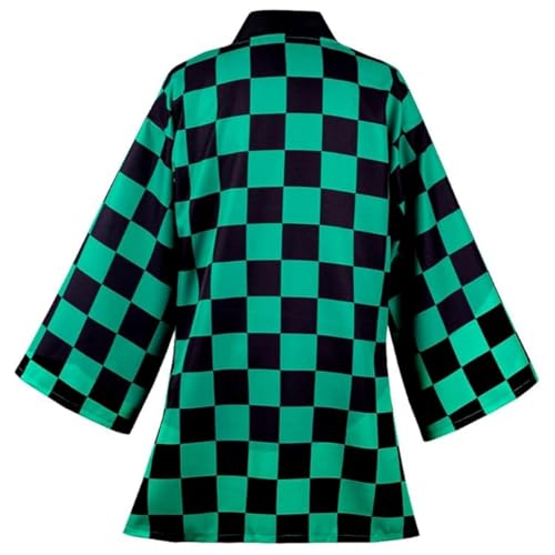 IOONCHI Tanjirou Robe Adult Green Plaid Cloak Kamado Tanjirou Cosplay Costume Color Block Kimono Cardigan Jacket Earrings Set