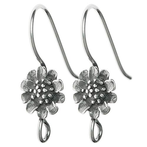 4 pcs .925 Sterling Silver Sun Flower French Hook Earwires Dangle Earring Connector Findings/Antique