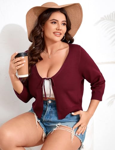 Image of ShopWonder Women's V-Neck Tie Front Shrug 3 /4 Sleeve Rib-Knit Cardigan Sweater Crop Top