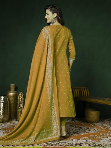 Image of PARTHVI Women's 100% Pure Cotton Anarkali Kurta Set with Pant & Dupatta | Embroidered Flared Kurta | Elegant Ethnic Suit