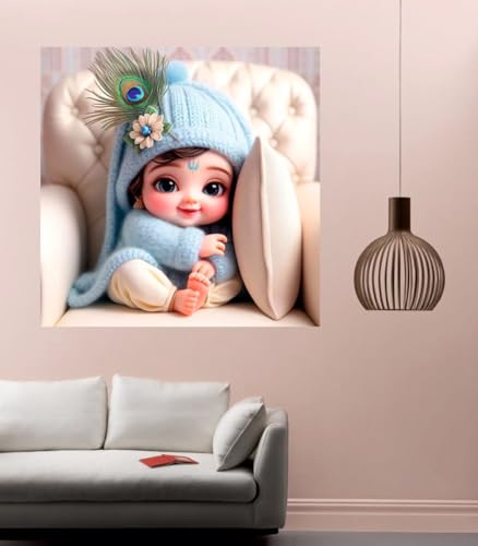Image of Akki Wold Blue Hidding Kanha On White Soffa Wall Poster For Living Room, Office, Pooja Room (Size - 41CM X 41CM)