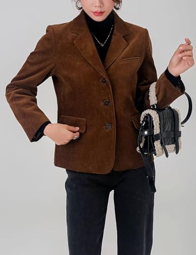 Corduroy Casual Blazer for Women's Lapel Collar Button Front Long Sleeve Vintage Business Jacket3