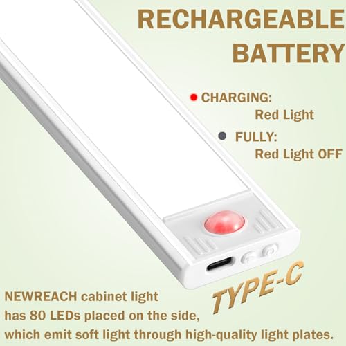 Image of 16 inch Under Cabinet Lighting, 80 LED Rechargeable Battery Motion Sensor Closet Light, 3 Color Temperature Dimmable Wireless Magnetic LED Closet Light for Kitchen, Shelf, Wardrobe, 6 Pack