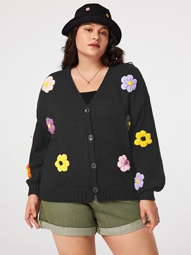 CIDER Women’s Floral Cropped Cardigan Cute Flower V Neck Button Down Trendy Sweater2