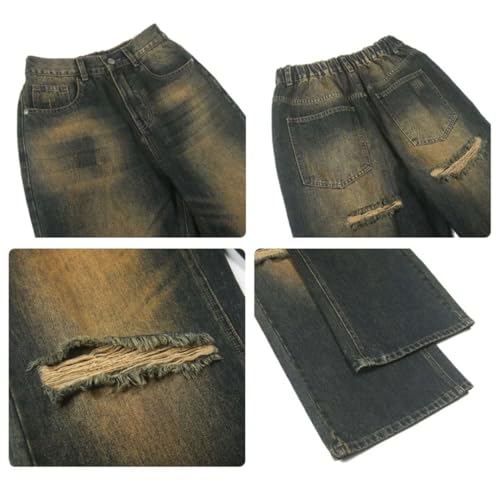 Men's Retro Washed Distressed Elastic Waist Ripped Jeans Straight Leg Loose Trousers2