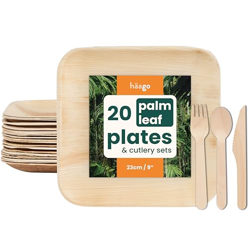 HAAGO 80 Piece Compostable Disposable Plates & Cutlery Set - 23cm Square Palm Leaf Plates & Birchwood Cutlery - Eco-Friendly, Freezer & Microwave Safe, like Wooden Plates, Strong Disposable Plates HAAGO 80 Piece Compostable Disposable Plates & Cutlery Set - 23cm Square Palm Leaf Plates & Birchwood Cutlery - Eco-Friendly, Freezer & Microwave Safe, like Wooden Plates, Strong Disposable Plates